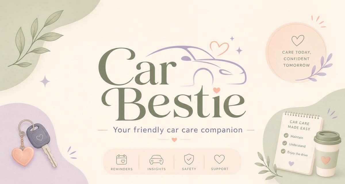 Car Bestie app — pastel branded illustration of a car with keys, a coffee cup, and a maintenance checklist